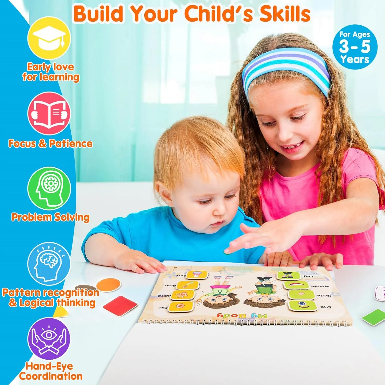 Kids Book Gifts for 3 4 5 Year Old Girls, Pre-assembled Stickers & Reusable, Activity Books for Kids Ages 3-5 - Learning Activities,Toddler Educational Toys, Autism Learning Support, Back to School