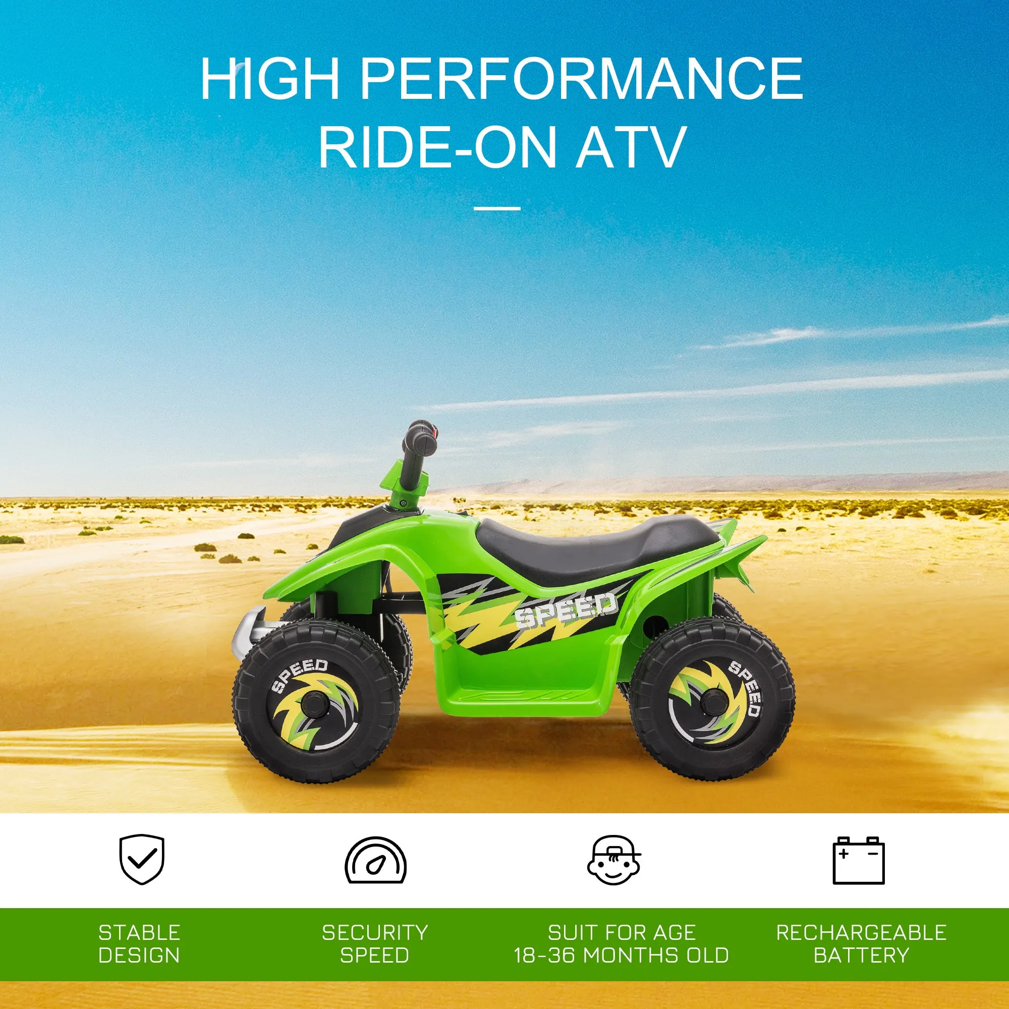 Kids Ride on ATV, 6V Battery Powered Quad Car with Forward, Reverse Switch, for Boys Girls 18-36 Months, Green