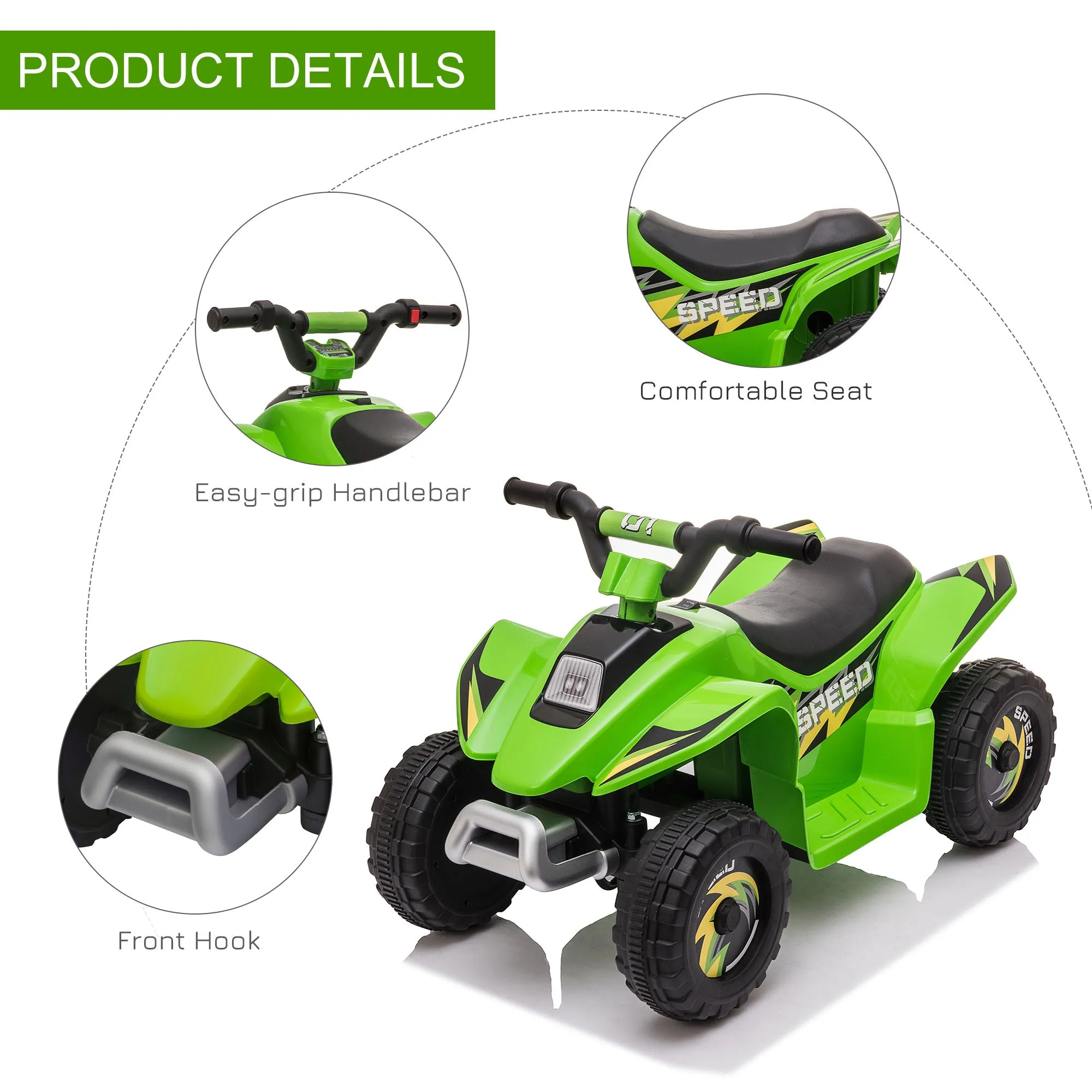 Kids Ride on ATV, 6V Battery Powered Quad Car with Forward, Reverse Switch, for Boys Girls 18-36 Months, Green