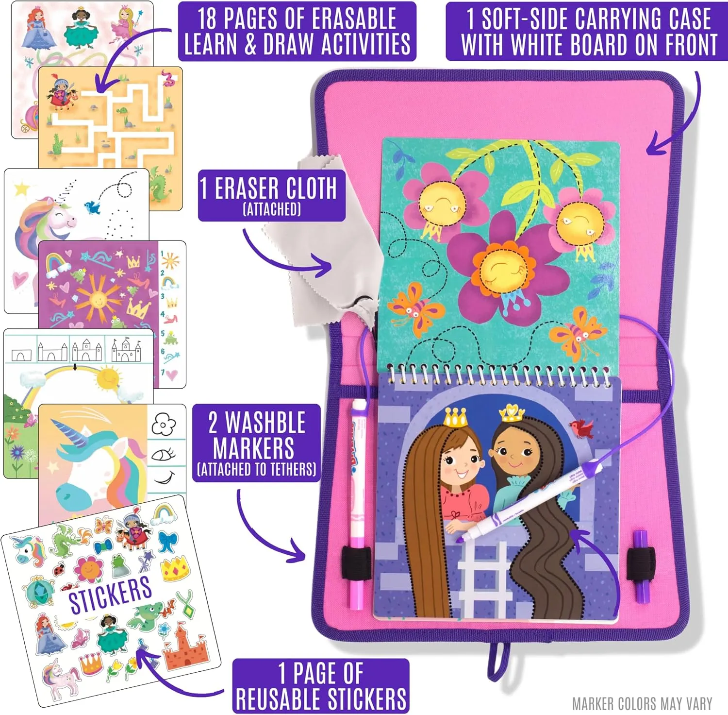 Kids Travel Educational Activity Book with Washable Markers - Car and Airplane Activities, Learning Toys for Toddlers- Search and Find, Reusable Stickers for Ages 4, 5, 6 (Princess)