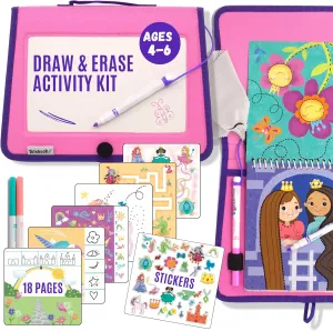 Kids Travel Educational Activity Book with Washable Markers - Car and Airplane Activities, Learning Toys for Toddlers- Search and Find, Reusable Stickers for Ages 4, 5, 6 (Princess)