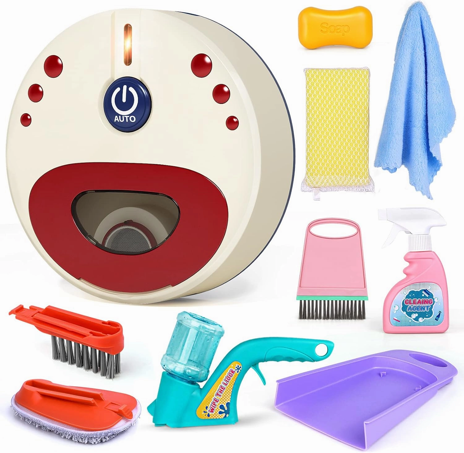 Kids Cleaning Set for Toddlers, 10 Pcs Pretend Play Educational Set Includes Kids Vacuum That Really Works with Lights & Low Noise, Broom, Spray Bottle and More