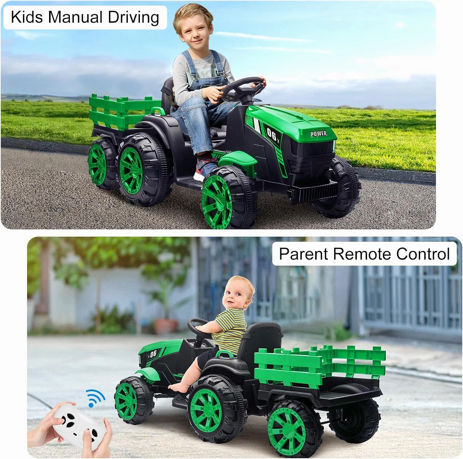Kids Ride On Tractor with Remote Control, 12V 7AH Battery Powered Electric Tractor with Detachable Trailer, Dual 35W Motors/Safety Belt/LED Lights, Electric Vehicles for Boys Girls, Green