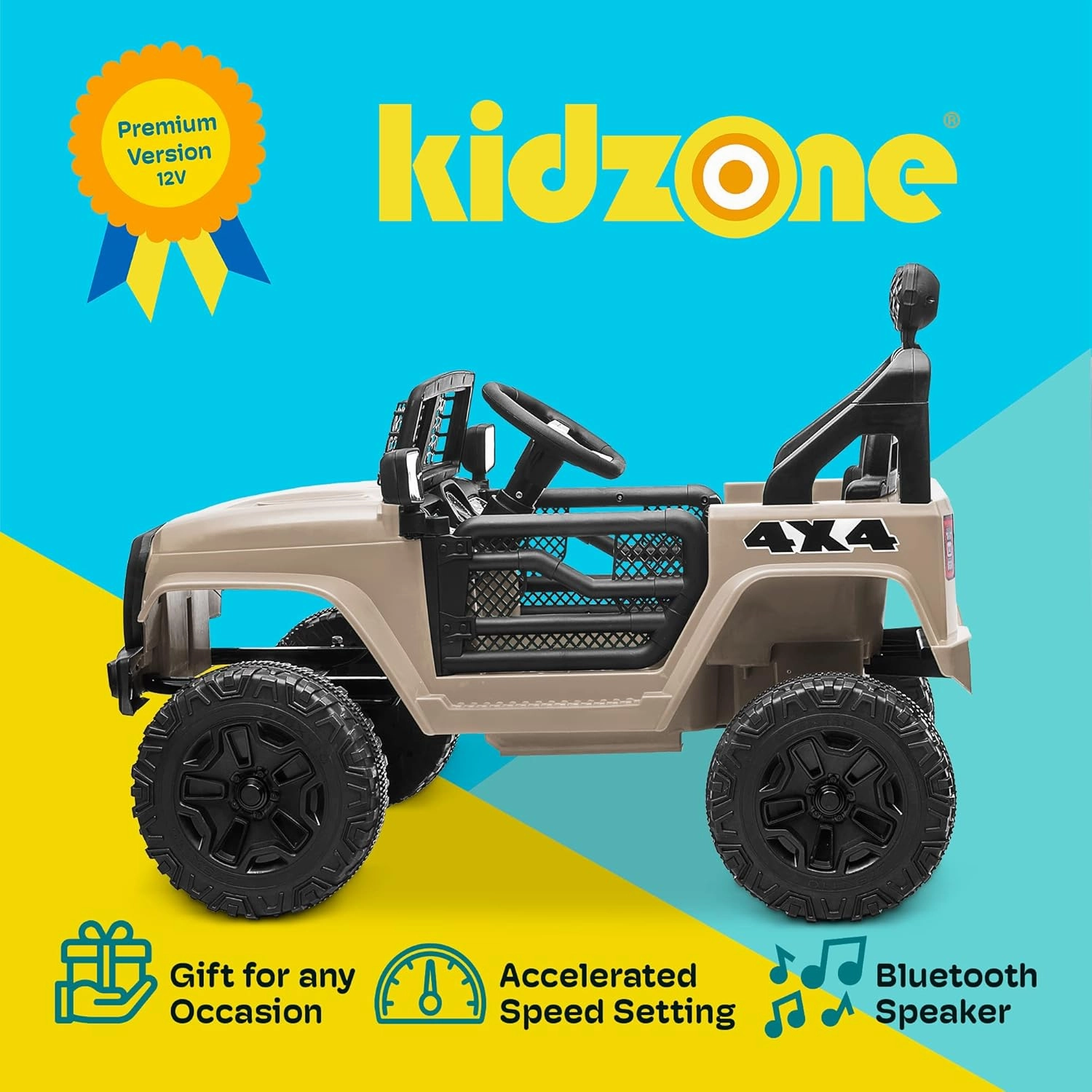 Kidzone Ride On Truck 12V Battery Powered Electric Kids Car Vehicle Toy with DIY License Plate, 4 Wheeler Quad, Parent Remote Control, MP3, High Low Speeds, LED Lights - Sand