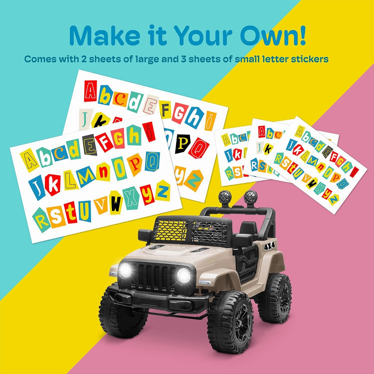 Kidzone Ride On Truck 12V Battery Powered Electric Kids Car Vehicle Toy with DIY License Plate, 4 Wheeler Quad, Parent Remote Control, MP3, High Low Speeds, LED Lights - Sand