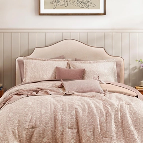 King Size Comforter Set - 7 Pieces Floral Almond Pink Bedding for All Seasons, Farmhouse Shabby Chic Embroidery Bed Set, Soft Jacquard King Comforter Set with Sheets, Pillowcases & Shams
