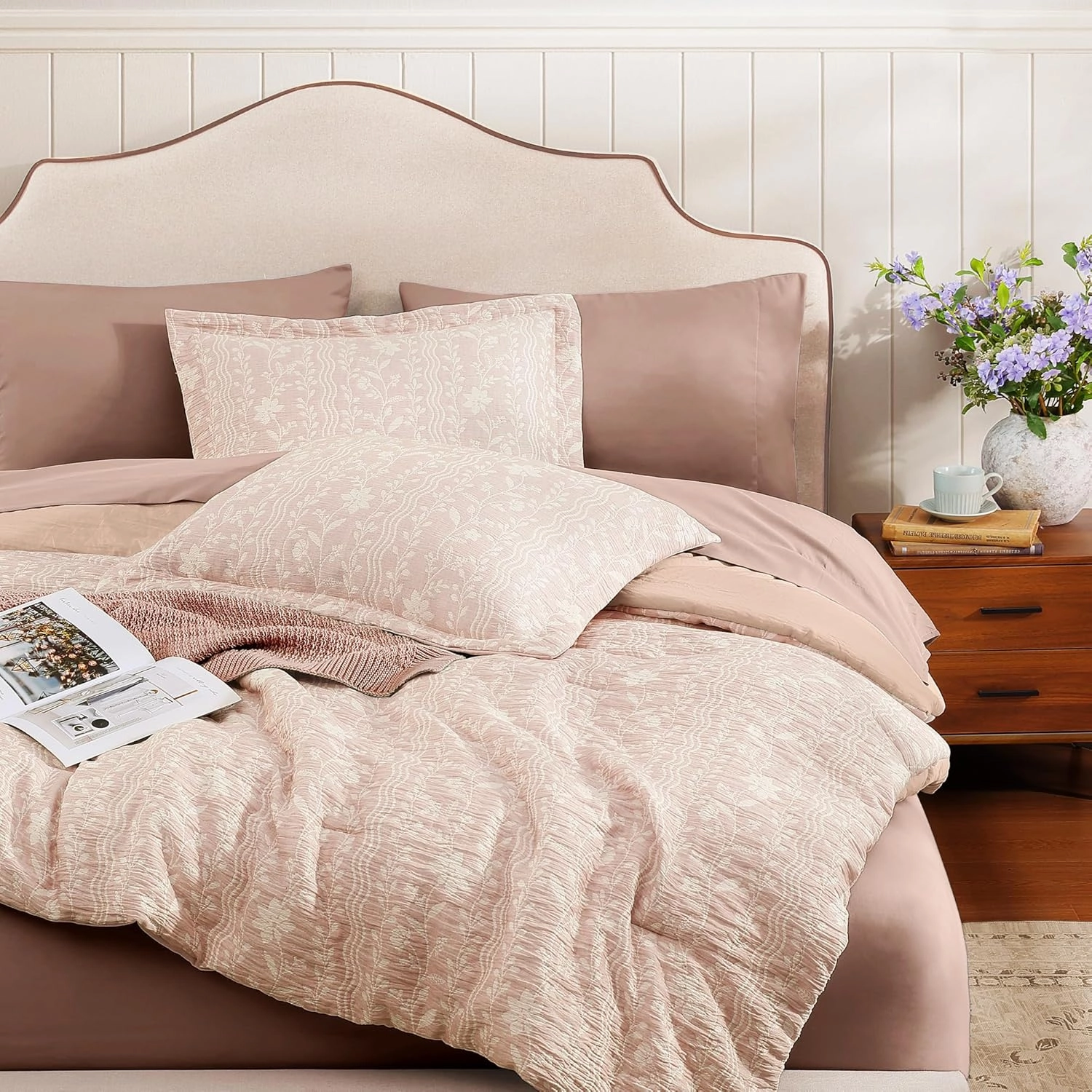 King Size Comforter Set - 7 Pieces Floral Almond Pink Bedding for All Seasons, Farmhouse Shabby Chic Embroidery Bed Set, Soft Jacquard King Comforter Set with Sheets, Pillowcases & Shams
