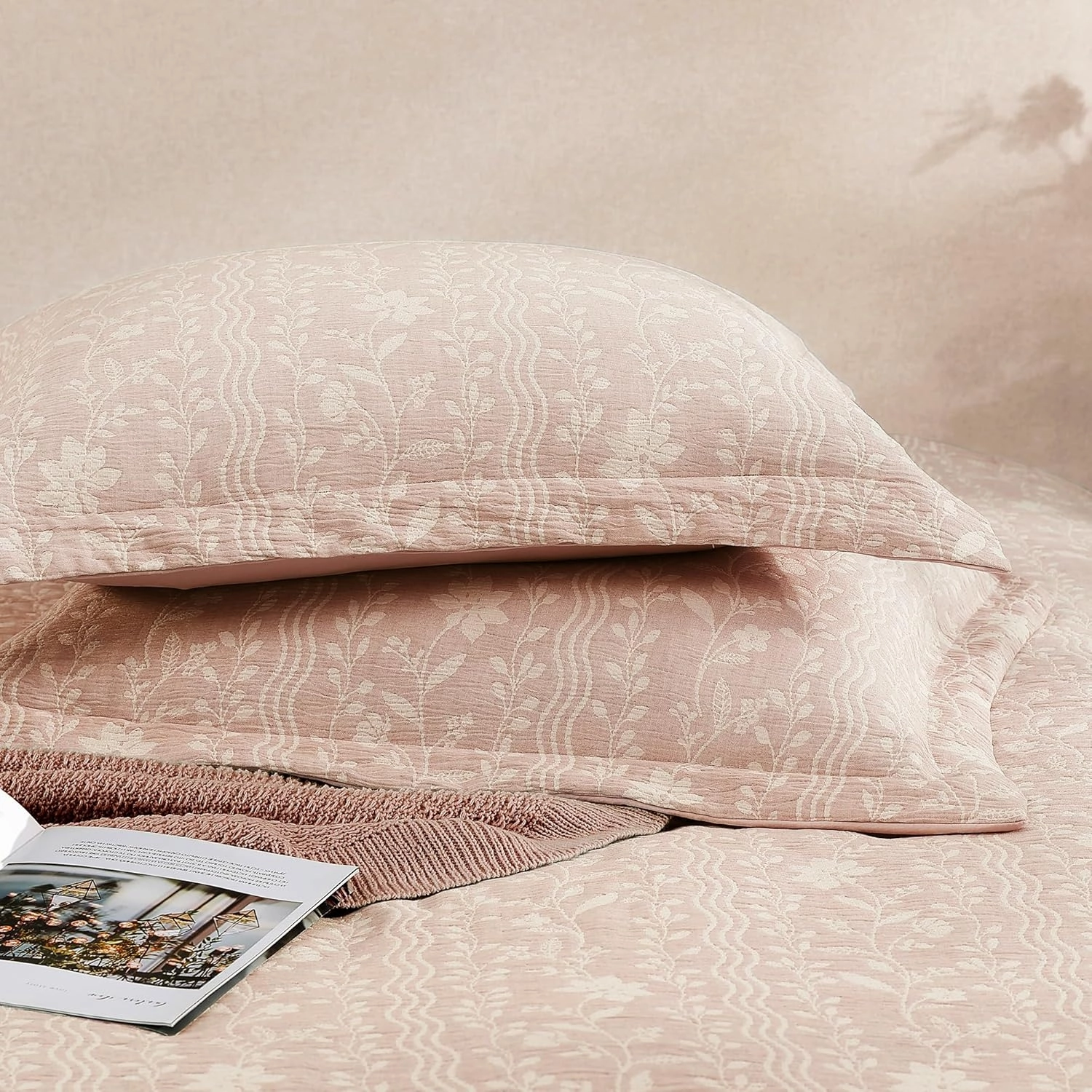 King Size Comforter Set - 7 Pieces Floral Almond Pink Bedding for All Seasons, Farmhouse Shabby Chic Embroidery Bed Set, Soft Jacquard King Comforter Set with Sheets, Pillowcases & Shams