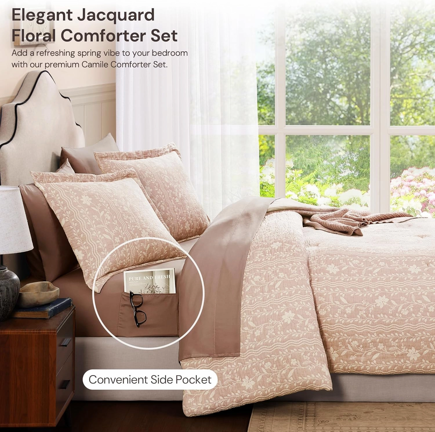 King Size Comforter Set - 7 Pieces Floral Almond Pink Bedding for All Seasons, Farmhouse Shabby Chic Embroidery Bed Set, Soft Jacquard King Comforter Set with Sheets, Pillowcases & Shams