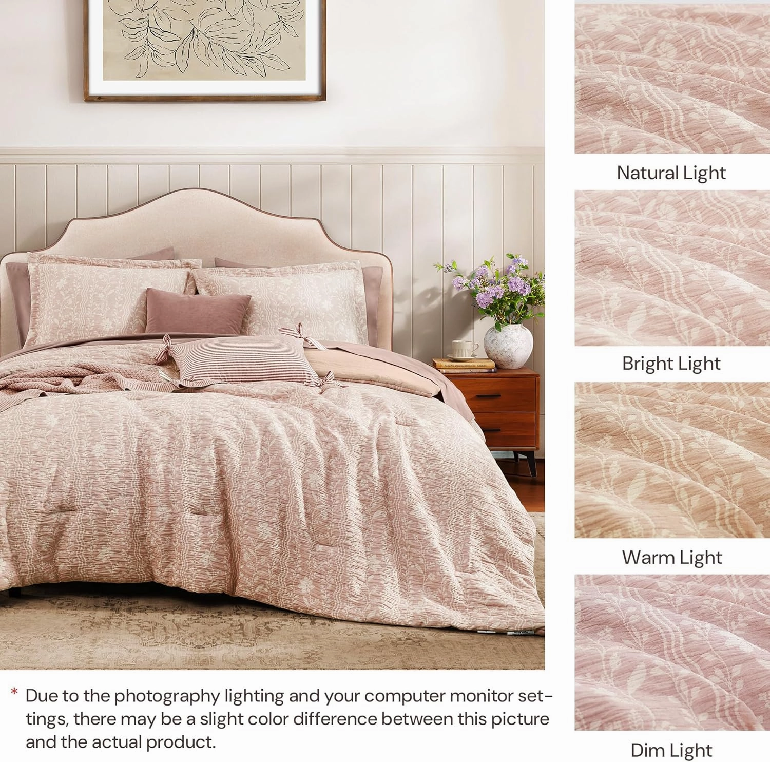 King Size Comforter Set - 7 Pieces Floral Almond Pink Bedding for All Seasons, Farmhouse Shabby Chic Embroidery Bed Set, Soft Jacquard King Comforter Set with Sheets, Pillowcases & Shams