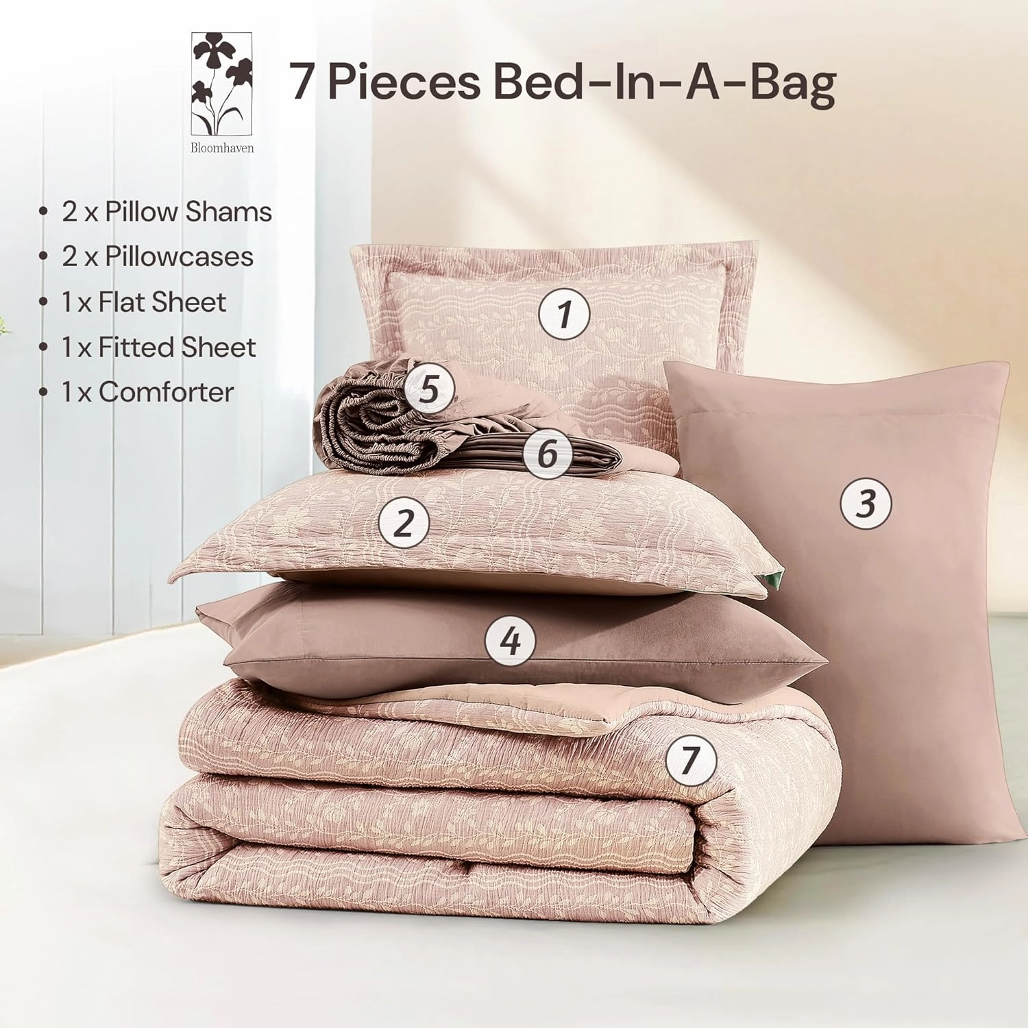 King Size Comforter Set - 7 Pieces Floral Almond Pink Bedding for All Seasons, Farmhouse Shabby Chic Embroidery Bed Set, Soft Jacquard King Comforter Set with Sheets, Pillowcases & Shams