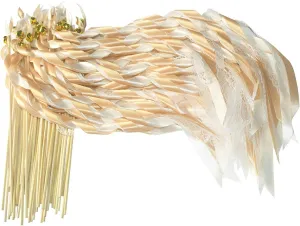 Kingsnow 50 Pack Champagne Lace Ribbon Wands Party Streamers with Bells Silk Fairy Stick Wand Party Favors for Wedding Send off Party Activities Baby Shower Holiday Celebration