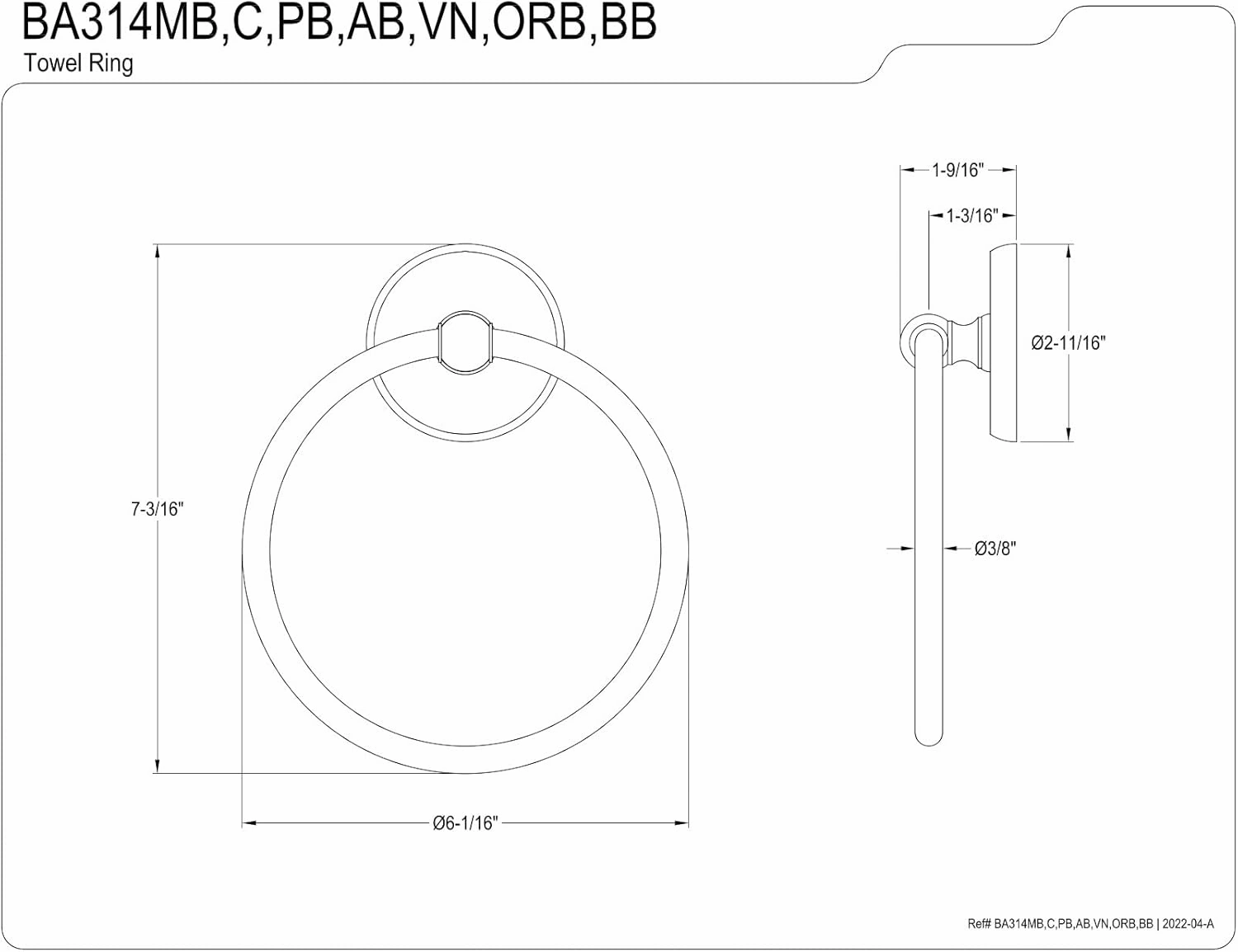 Kingston Brass BA314PB Classic Towel-Ring, Polished Brass,7-3/4" Length
