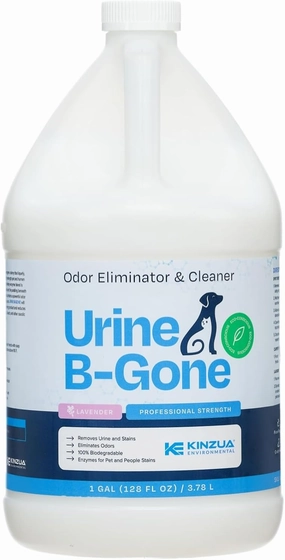 KINZUA ENVIRONMENTAL Urine B-Gone, Professional Enzyme Odor Eliminator & Pet Stain Remover, Human, Cat & Dog Urine Cleaner, Effective on Laundry, Carpets & More, Lavender Scent, 1 Gallon