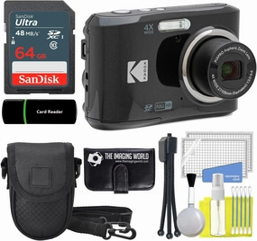 Kodak PIXPRO FZ45 16MP Digital Camera 4X Optical Zoom 27mm Wide Angle 1080P Full HD Video 2.7" LCD Camera (Black)   64GB Card and Reader   Case   Memory Wallet   Tripod   Cleaning Bundle