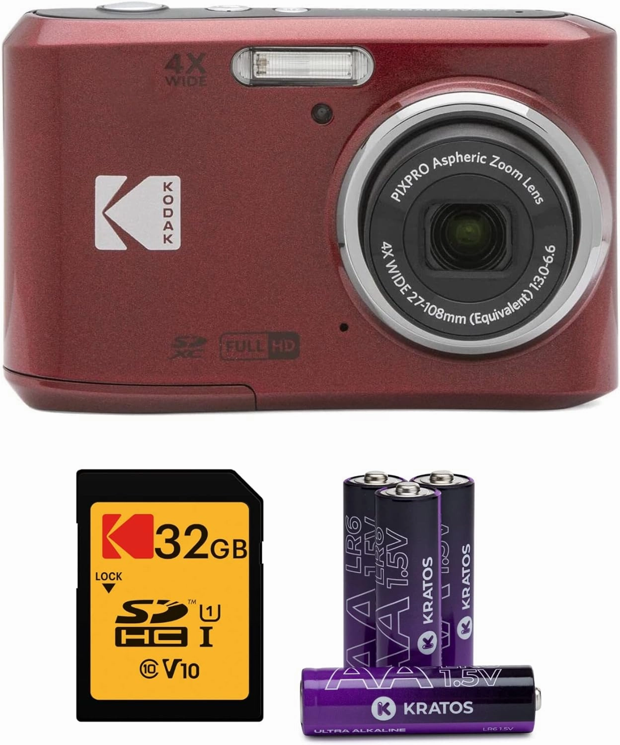 Kodak PIXPRO FZ45 Digital Camera (Red) Bundle with 32GB Class 10 UHS-I U1 SDHC Memory Card and AA High-Performance Alkaline Batteries (4-Pack) (3 Items)