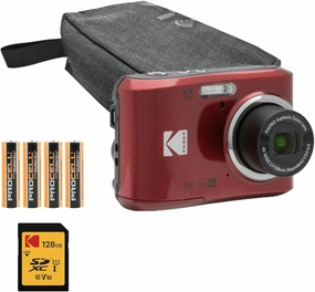 Kodak PIXPRO FZ45 Friendly Zoom Digital Camera (Red) Bundle with Folding Storage Travel Case, 128GB SD Class 10 UHS-I U1 V10 Full HD Memory Card, and Procell AA (4-Pack) (4 Items)