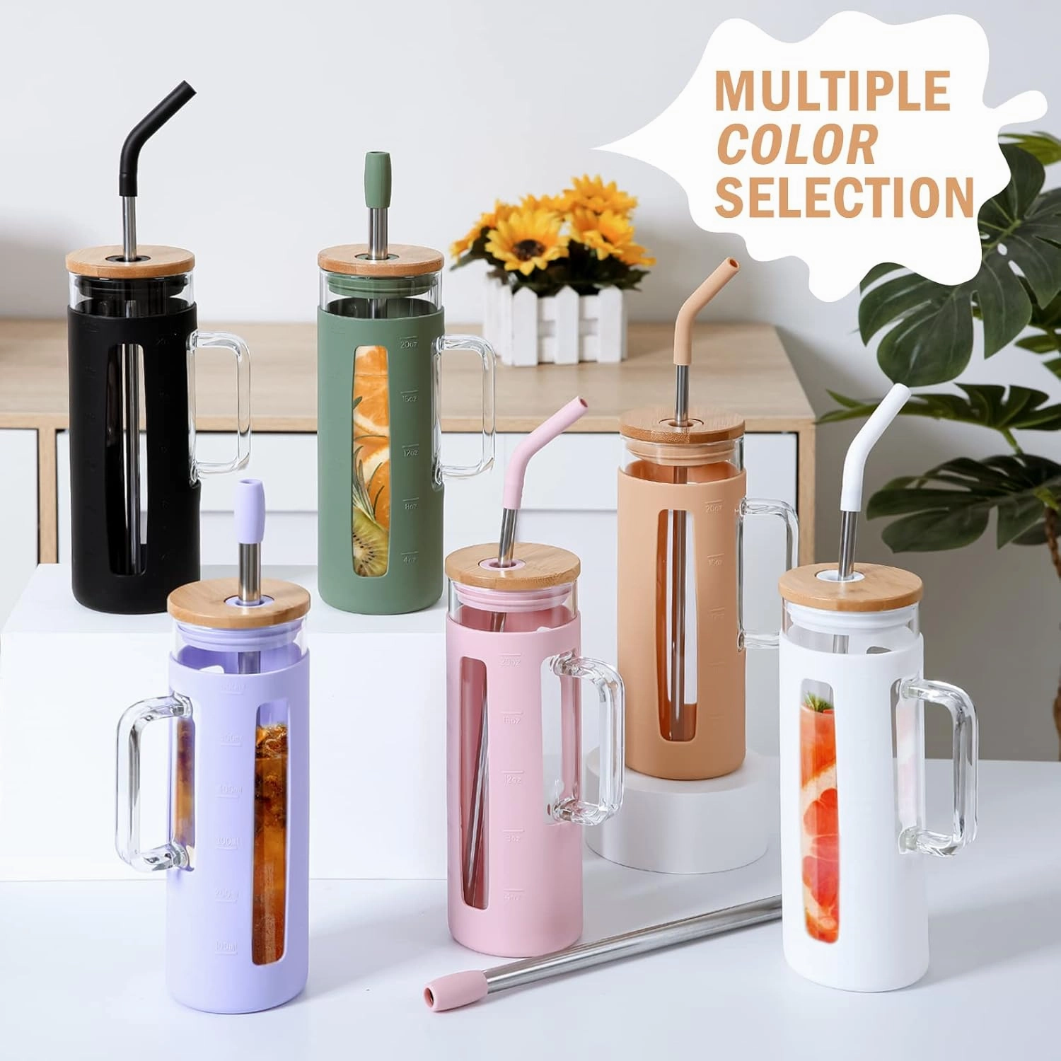 Kodrine Glass Tumbler with Lid and Straw, 20 oz Glass Coffee Tumbler with Handle, Smoothie Cup with Bamboo Lid, Time Marker, Silicone Sleeve, Reusable Iced Coffee Cup BPA Free - Amber Purple