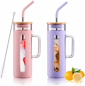 Kodrine Glass Tumbler with Lid and Straw, 20 oz Glass Coffee Tumbler with Handle, Smoothie Cup with Bamboo Lid, Time Marker, Silicone Sleeve, Reusable Iced Coffee Cup BPA Free - Pink Purple