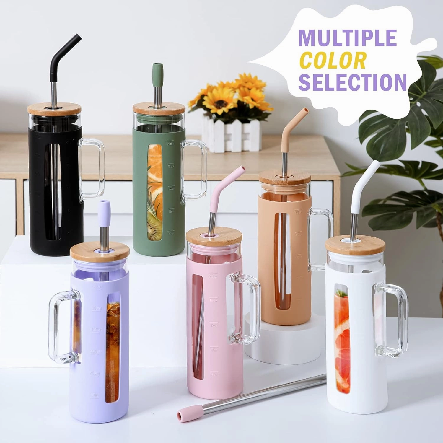 Kodrine Glass Tumbler with Lid and Straw, 20 oz Glass Coffee Tumbler with Handle, Smoothie Cup with Bamboo Lid, Time Marker, Silicone Sleeve, Reusable Iced Coffee Cup BPA Free - Pink Purple