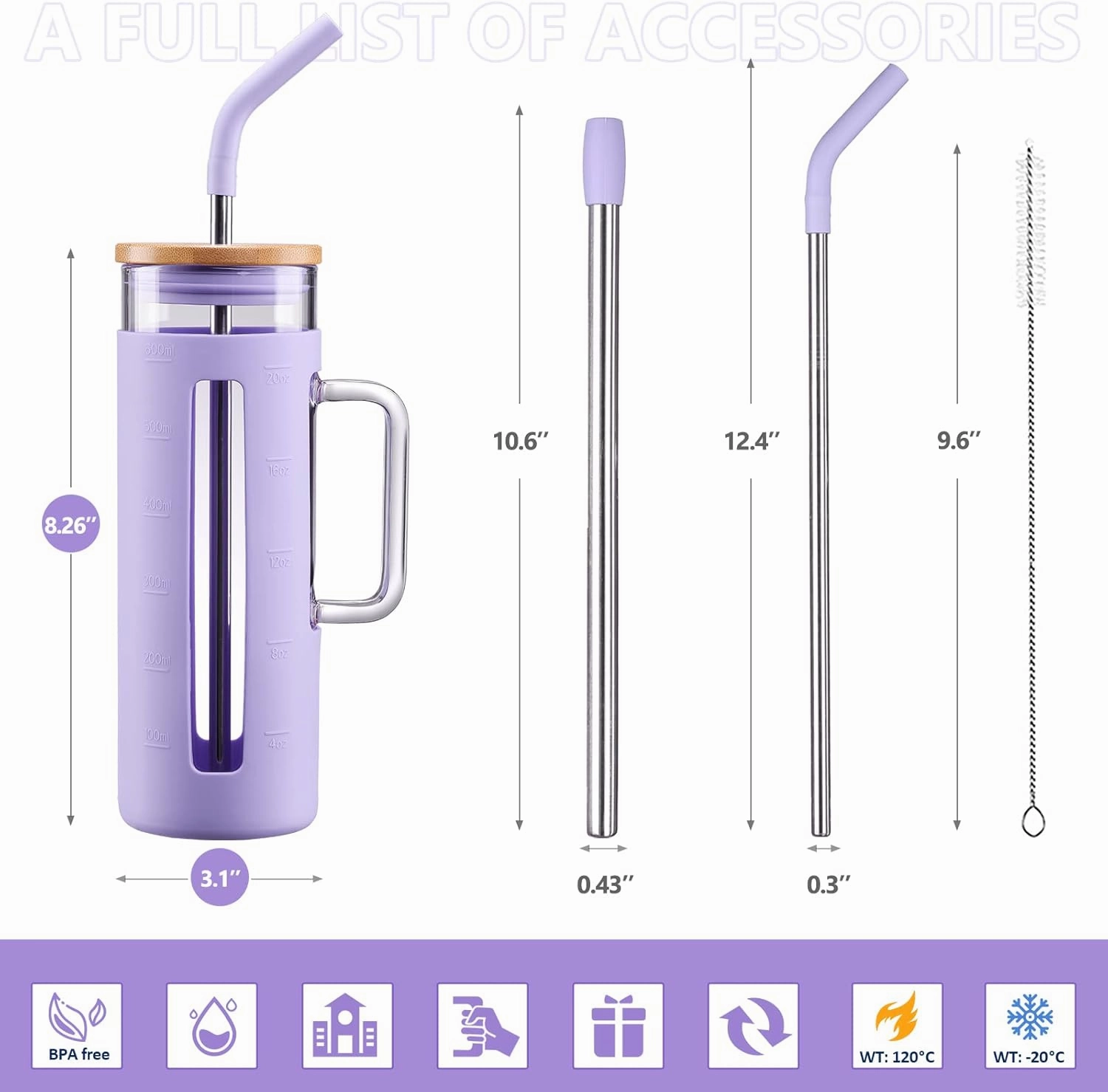 Kodrine Glass Tumbler with Lid and Straw, 20 oz Glass Coffee Tumbler with Handle, Smoothie Cup with Bamboo Lid, Time Marker, Silicone Sleeve, Reusable Iced Coffee Cup BPA Free - Pink Purple