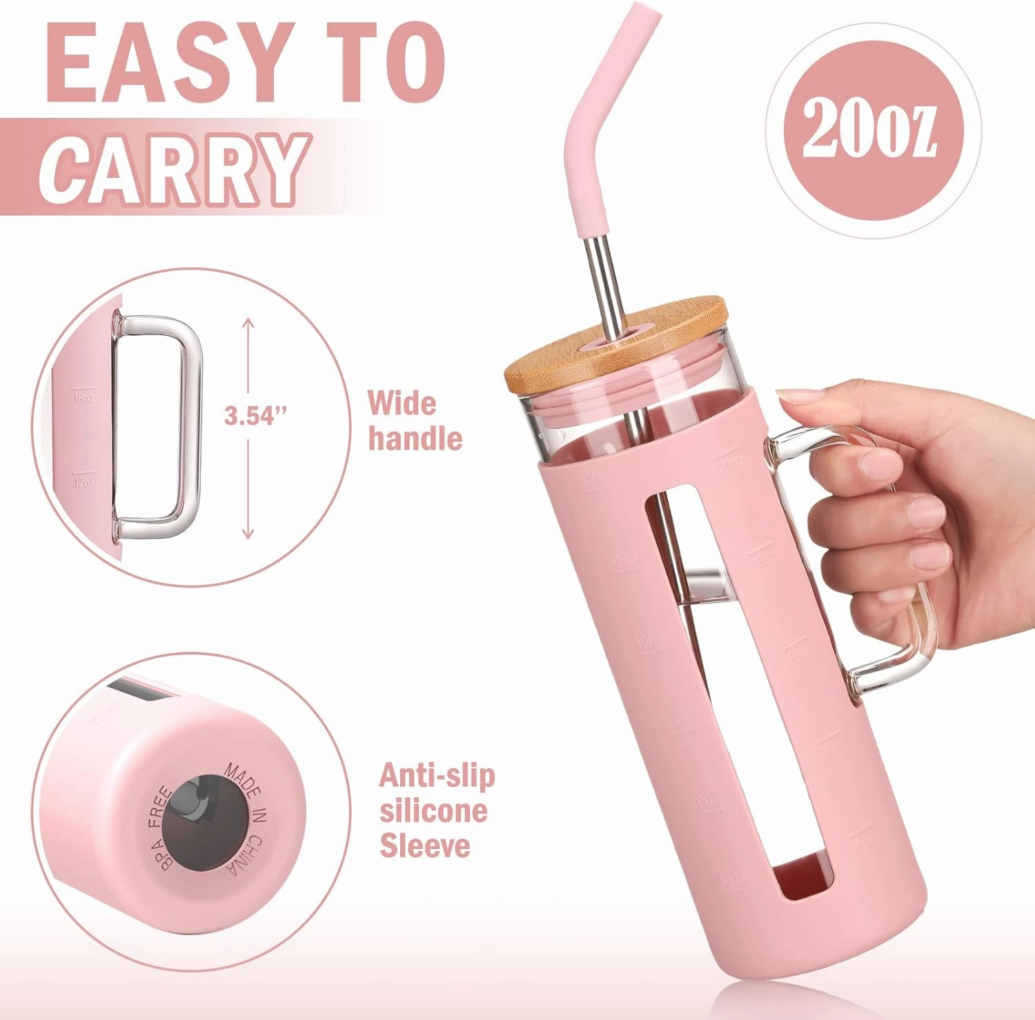 Kodrine Glass Tumbler with Lid and Straw, 20 oz Glass Coffee Tumbler with Handle, Smoothie Cup with Bamboo Lid, Time Marker, Silicone Sleeve, Reusable Iced Coffee Cup BPA Free - Pink Purple