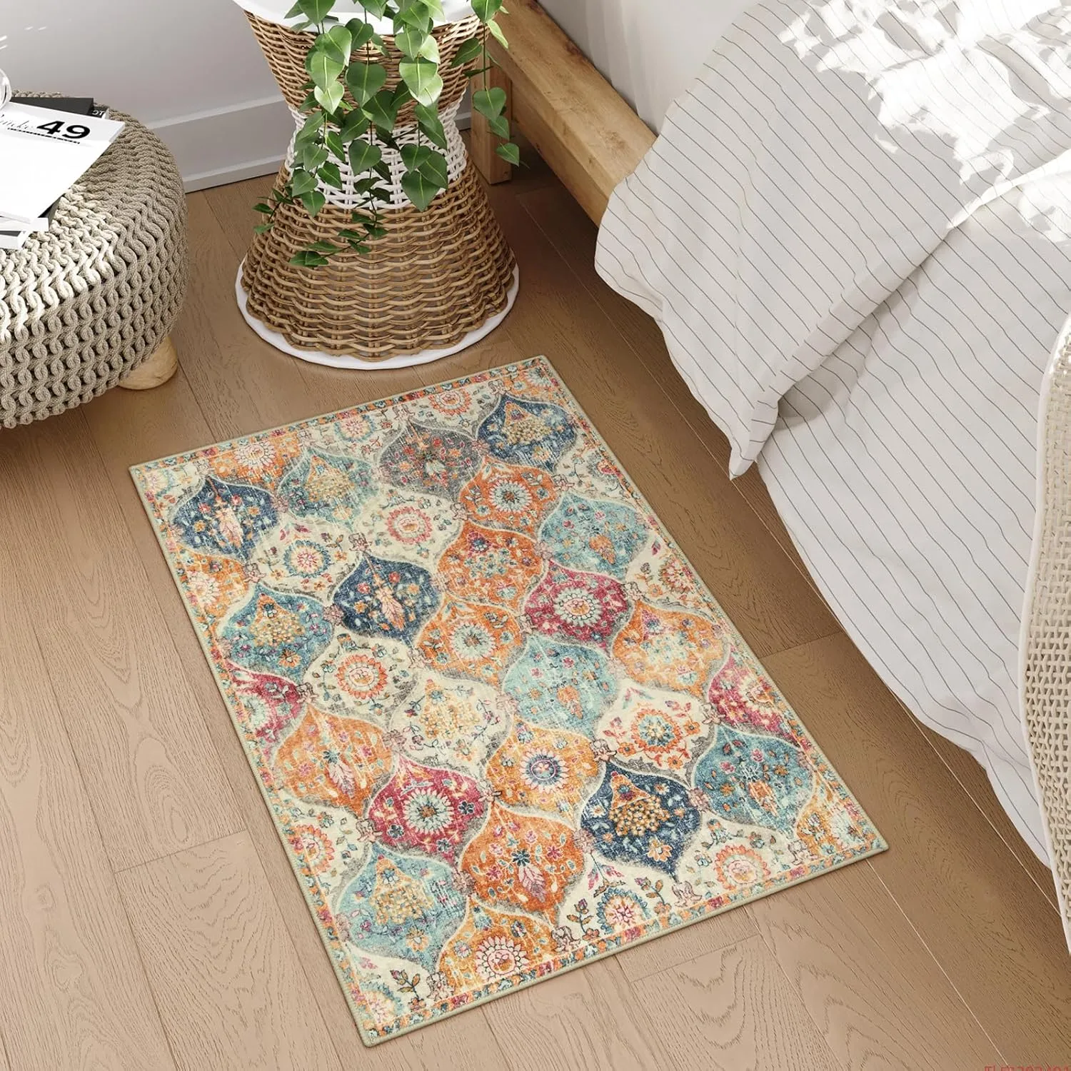 Lahome Moroccan Trellis Washable Rug, 2x3 Kitchen Rugs for Entryway Bathroom, Non-Slip Indoor Door Mat Ultra-Thin, Small Oriental Throw Carpet for Bedroom Entry, Cream/Multi