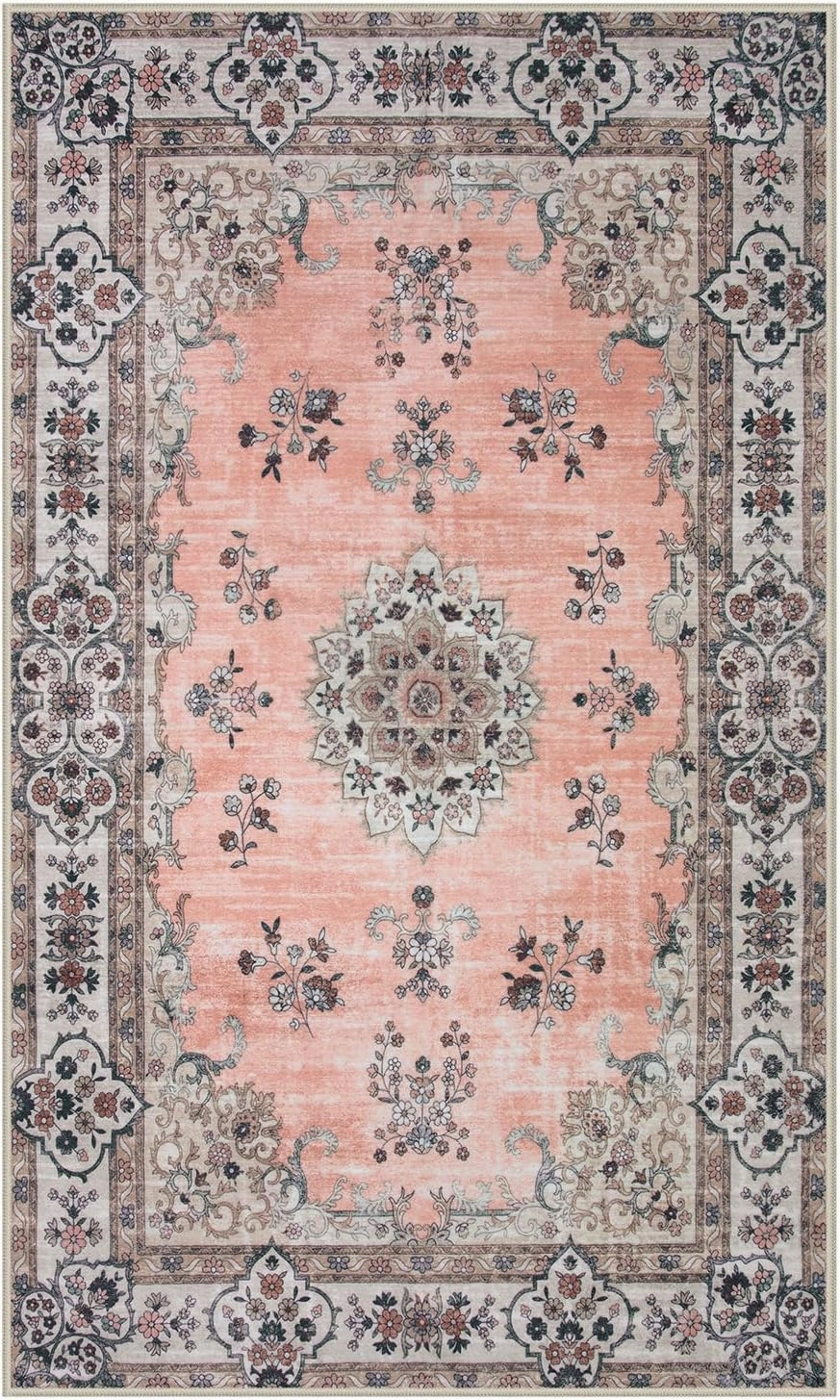 Lahome Washable Apricot Pink Rug Girls Bedroom Rug, Boho Floral 3x5 Area Rugs for Entryway Bedside Kitchen Living Room Laundry Room, Nursery Carpet Indoor Mat Soft Low-Pile Non Slip