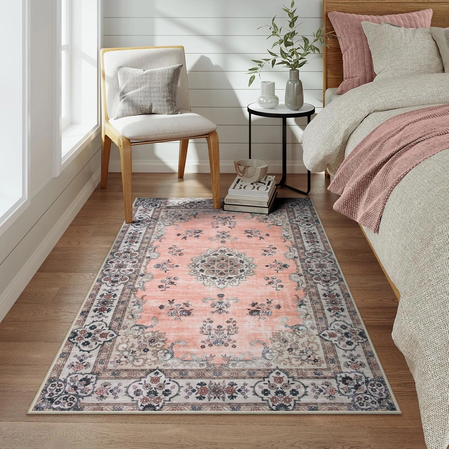 Lahome Washable Apricot Pink Rug Girls Bedroom Rug, Boho Floral 3x5 Area Rugs for Entryway Bedside Kitchen Living Room Laundry Room, Nursery Carpet Indoor Mat Soft Low-Pile Non Slip