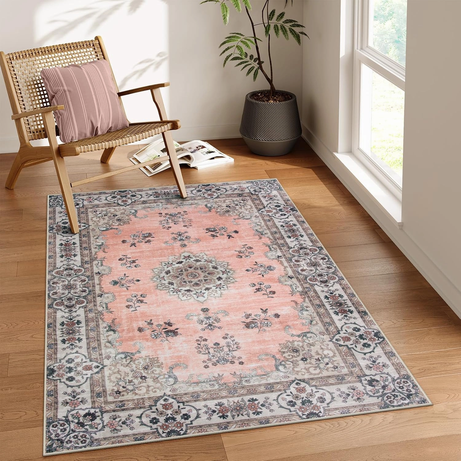 Lahome Washable Apricot Pink Rug Girls Bedroom Rug, Boho Floral 3x5 Area Rugs for Entryway Bedside Kitchen Living Room Laundry Room, Nursery Carpet Indoor Mat Soft Low-Pile Non Slip