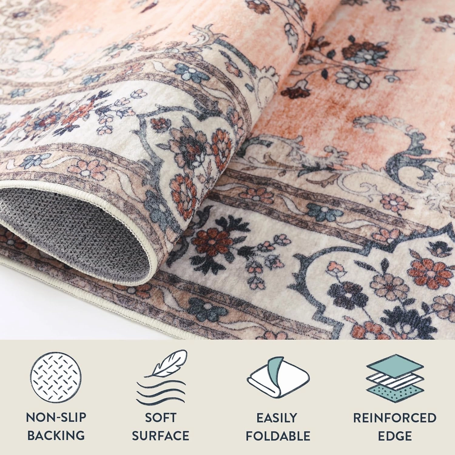 Lahome Washable Apricot Pink Rug Girls Bedroom Rug, Boho Floral 3x5 Area Rugs for Entryway Bedside Kitchen Living Room Laundry Room, Nursery Carpet Indoor Mat Soft Low-Pile Non Slip