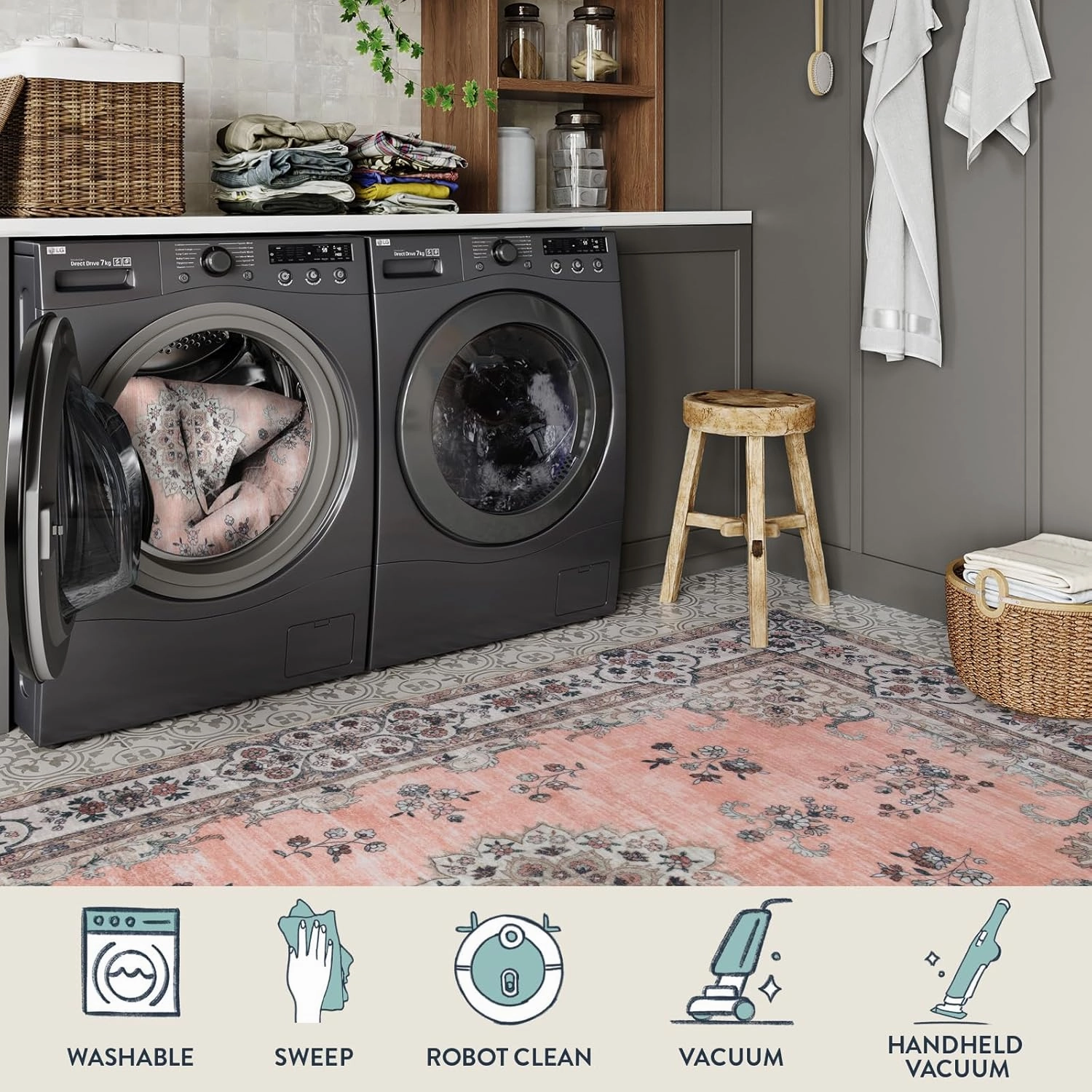 Lahome Washable Apricot Pink Rug Girls Bedroom Rug, Boho Floral 3x5 Area Rugs for Entryway Bedside Kitchen Living Room Laundry Room, Nursery Carpet Indoor Mat Soft Low-Pile Non Slip