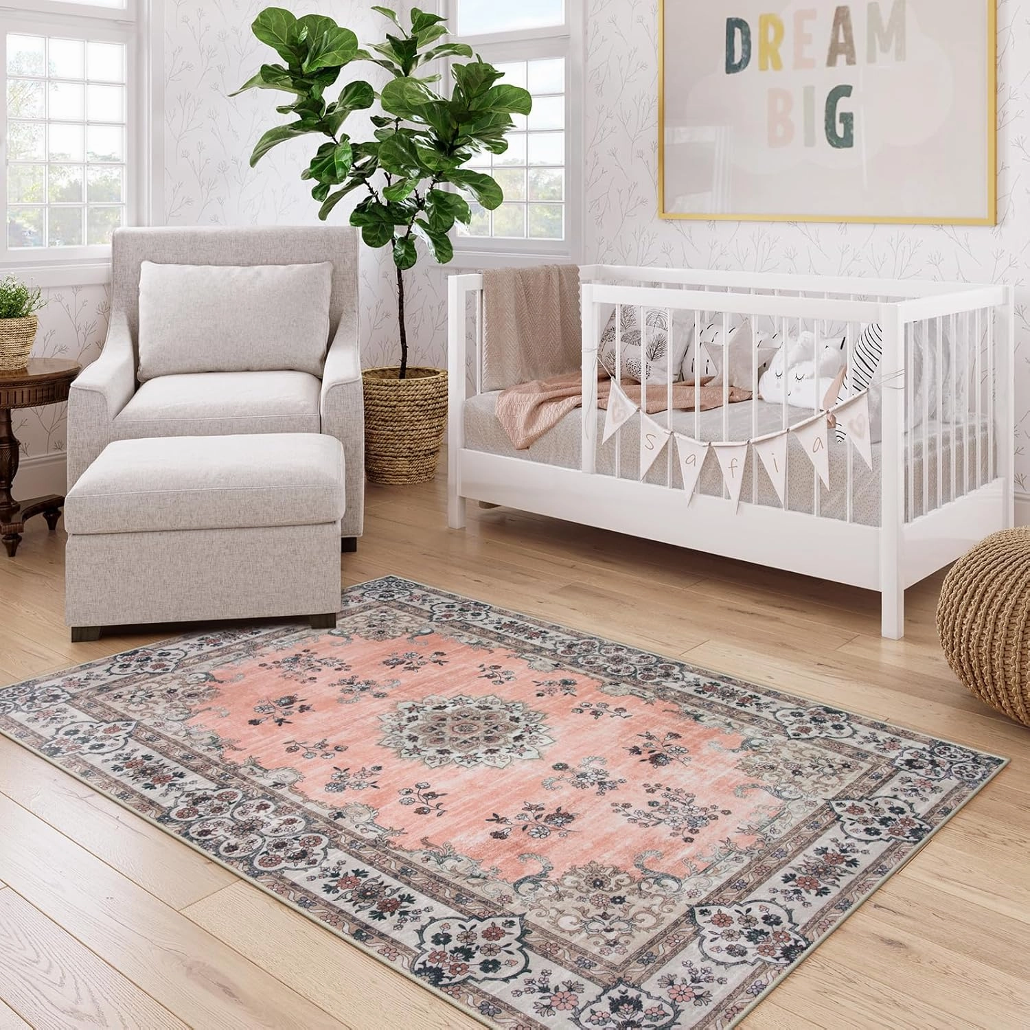 Lahome Washable Apricot Pink Rug Girls Bedroom Rug, Boho Floral 3x5 Area Rugs for Entryway Bedside Kitchen Living Room Laundry Room, Nursery Carpet Indoor Mat Soft Low-Pile Non Slip