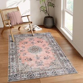 Lahome Washable Apricot Pink Rug Girls Bedroom Rug, Boho Floral 3x5 Area Rugs for Entryway Bedside Kitchen Living Room Laundry Room, Nursery Carpet Indoor Mat Soft Low-Pile Non Slip