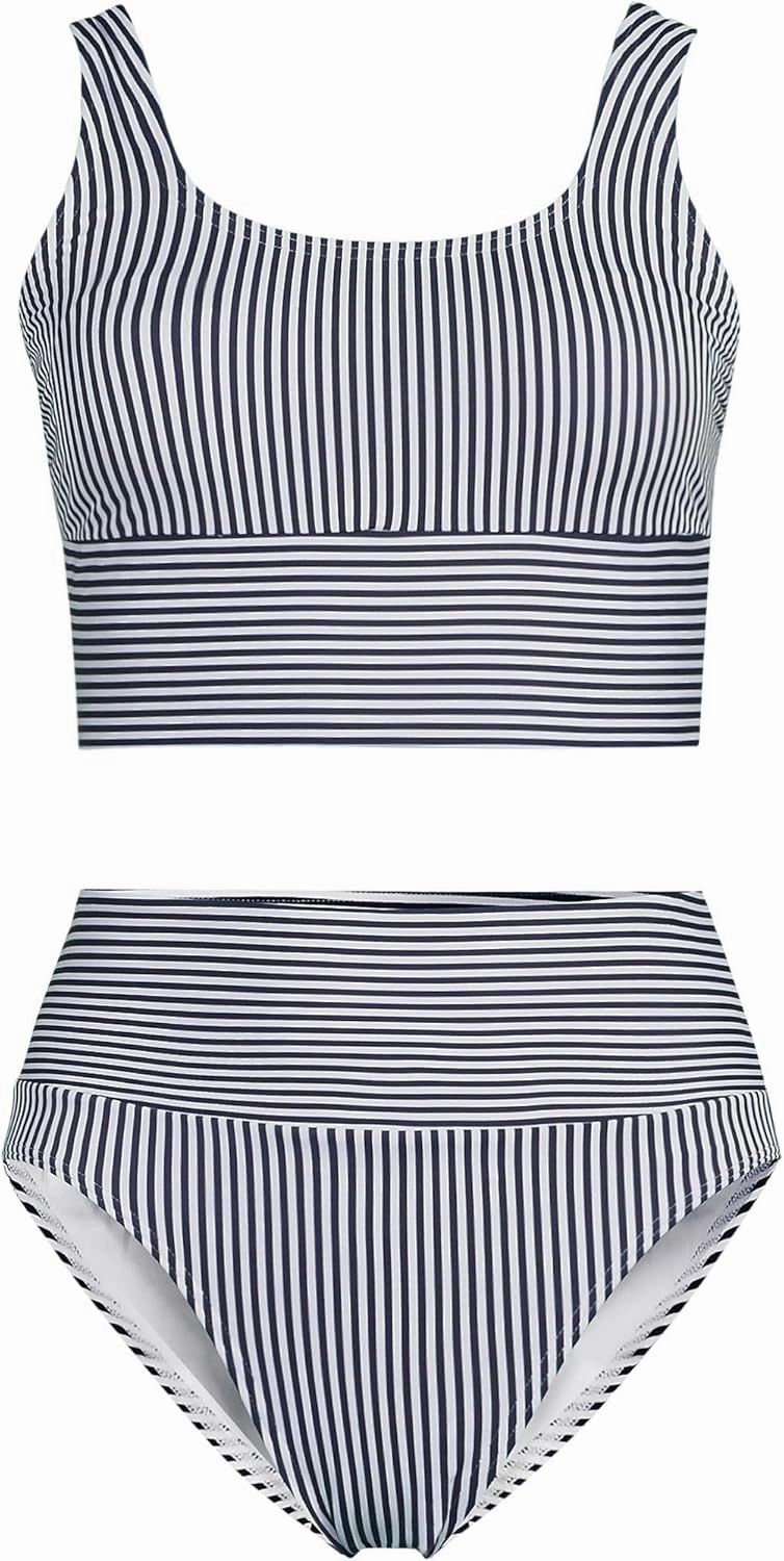 Lands' End Women's Tugless Tankini Top and High Waisted Bottom Swimsuit Set