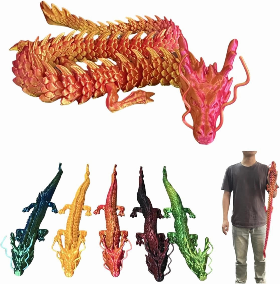 Large 35.43" 3D Printed Dragon,Bigger Articulated 3D Dragon Toys Fidget Dragon for Home Office Car Desk Decor (Red&Gold)
