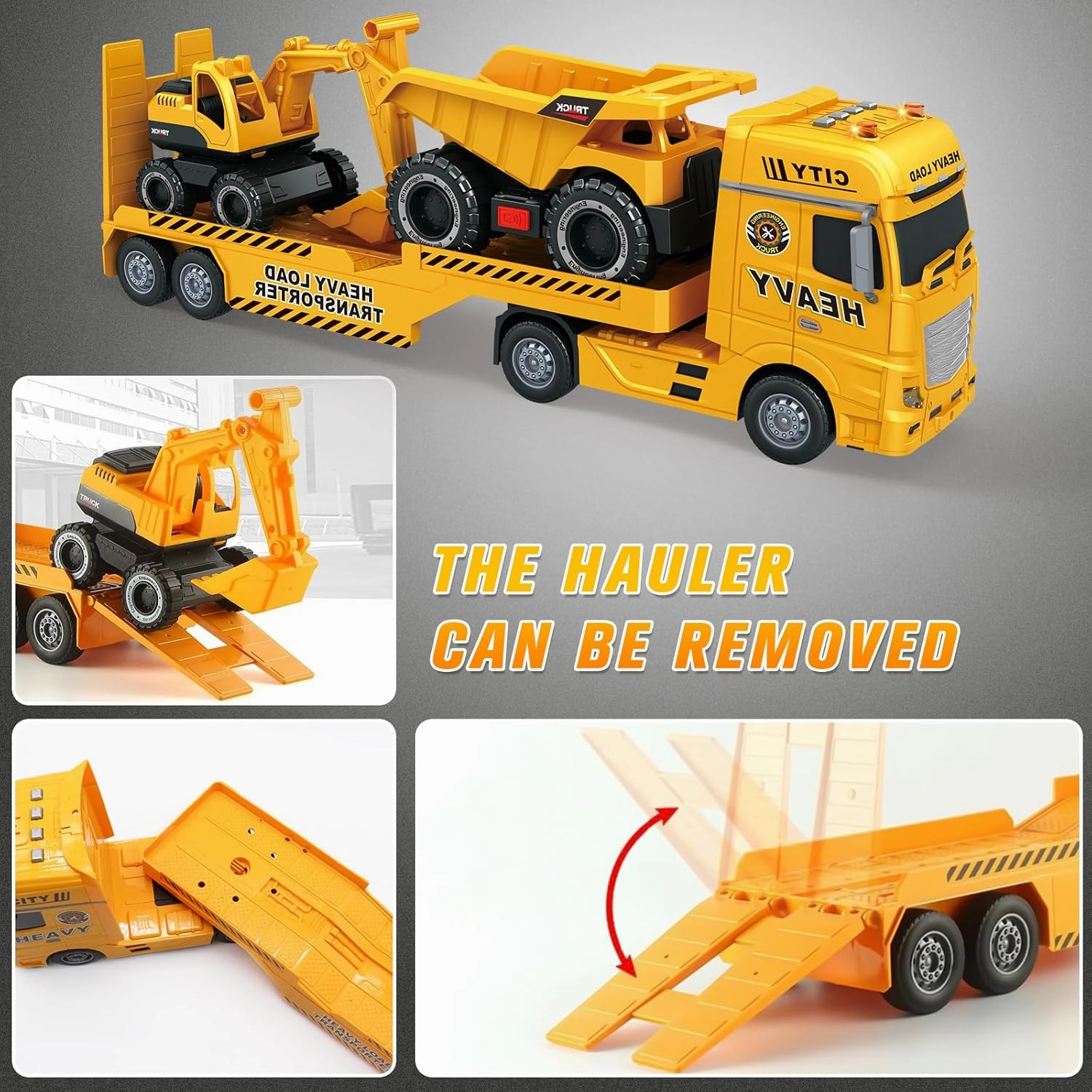Large Flatbed Semi Truck Toy for Kids, 25.6'' Construction Carrier Semi Truck with Excavator and Dump Trucks, Friction Powered Flatbed Semi Truck Kids Toy with Light & Sound