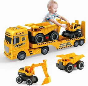 Large Flatbed Semi Truck Toy for Kids, 25.6'' Construction Carrier Semi Truck with Excavator and Dump Trucks, Friction Powered Flatbed Semi Truck Kids Toy with Light & Sound