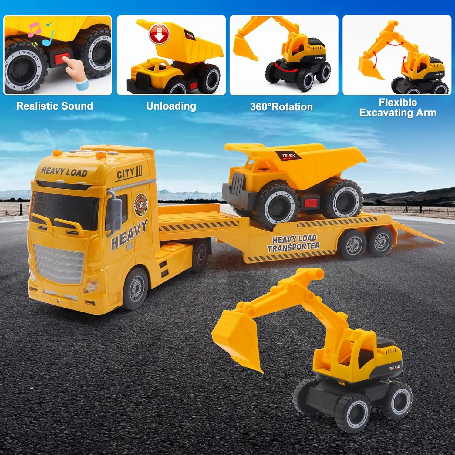 Large Flatbed Semi Truck Toy for Kids, 25.6'' Construction Carrier Semi Truck with Excavator and Dump Trucks, Friction Powered Flatbed Semi Truck Kids Toy with Light & Sound