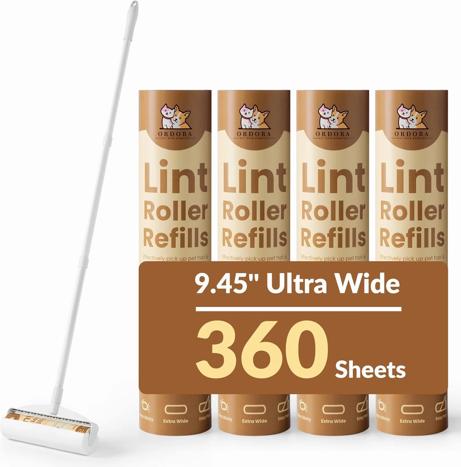 Large Lint Rollers for Floor: Ordora Lint Roller for Pet Hair Extra Sticky, 9.45in Wide and 45in Long Extendable Handle with 360 Sheets | Heavy-Duty Sticky Mop for Carpets for Dog & Cat Owners