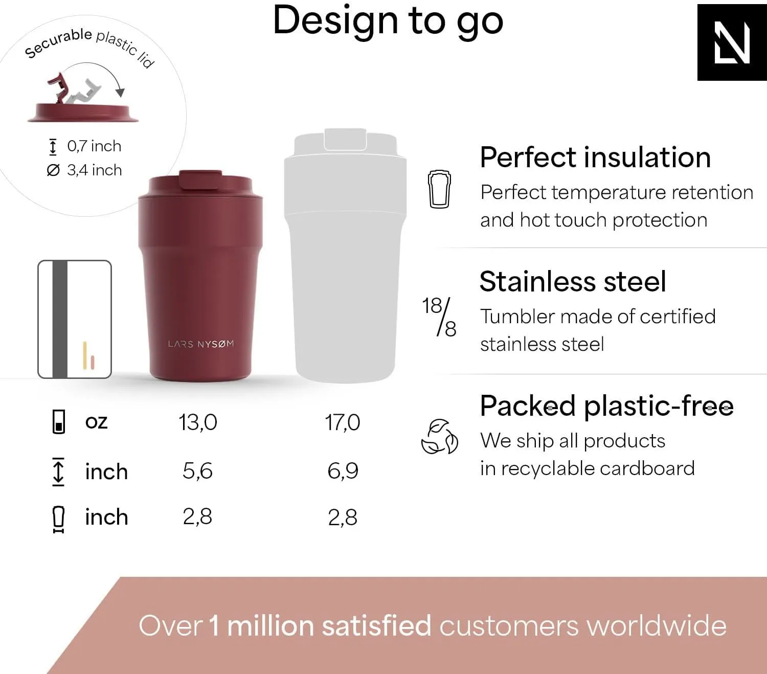 LARS NYSØM Thermo Coffee Mug to go 13oz | Travel Mug 0.38 Liter with Insulation | Leak Proof Stainless Steel Thermal Tumbler for Coffee and Tea on the Go (Berry Red, 12.9oz)