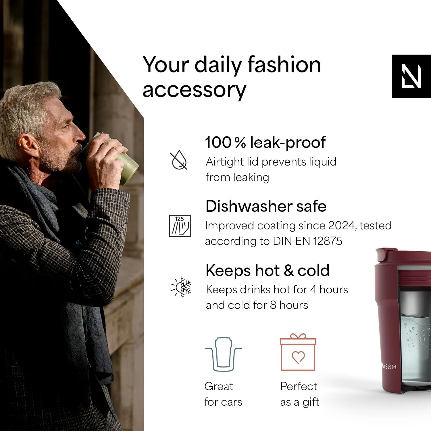 LARS NYSØM Thermo Coffee Mug to go 13oz | Travel Mug 0.38 Liter with Insulation | Leak Proof Stainless Steel Thermal Tumbler for Coffee and Tea on the Go (Berry Red, 12.9oz)