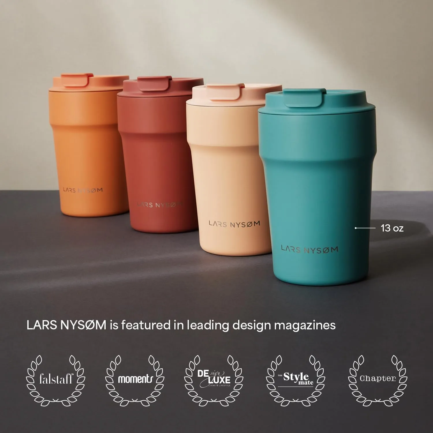LARS NYSØM Thermo Coffee Mug to go 13oz | Travel Mug 0.38 Liter with Insulation | Leak Proof Stainless Steel Thermal Tumbler for Coffee and Tea on the Go (Brick Red, 12.9oz)