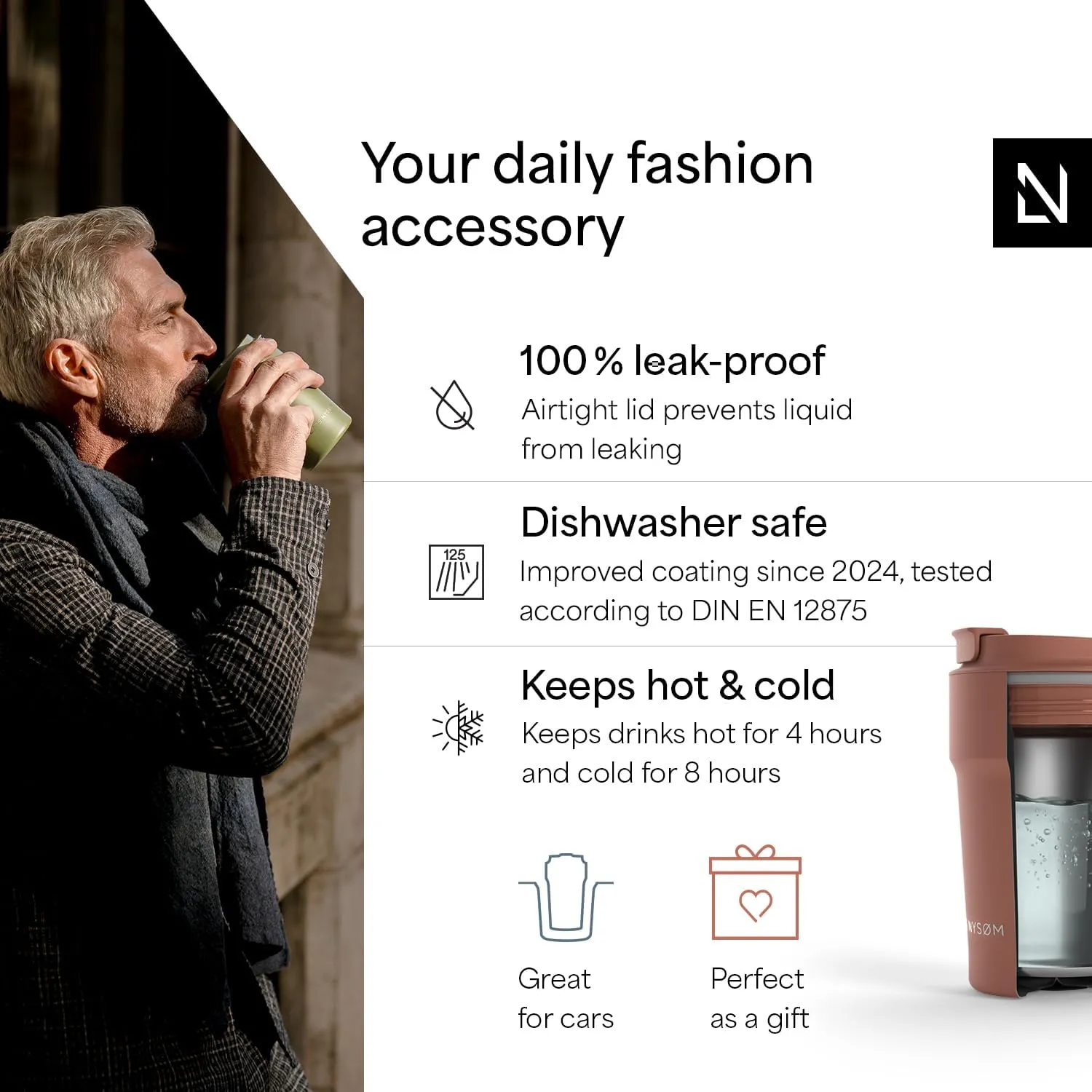 LARS NYSØM Thermo Coffee Mug to go 13oz | Travel Mug 0.38 Liter with Insulation | Leak Proof Stainless Steel Thermal Tumbler for Coffee and Tea on the Go (Brick Red, 12.9oz)
