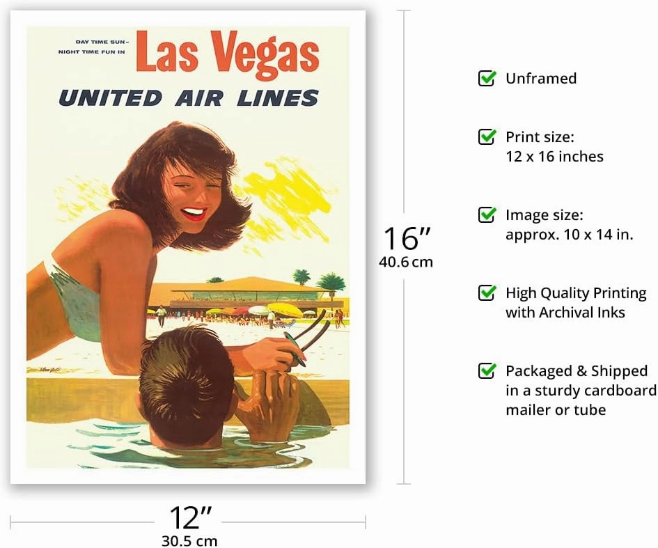 Las Vegas USA - United Air Lines - Vintage Airline Travel Poster by Stan Galli - Bamboo Fine Art 290gsm Paper (Unframed) 12x16in