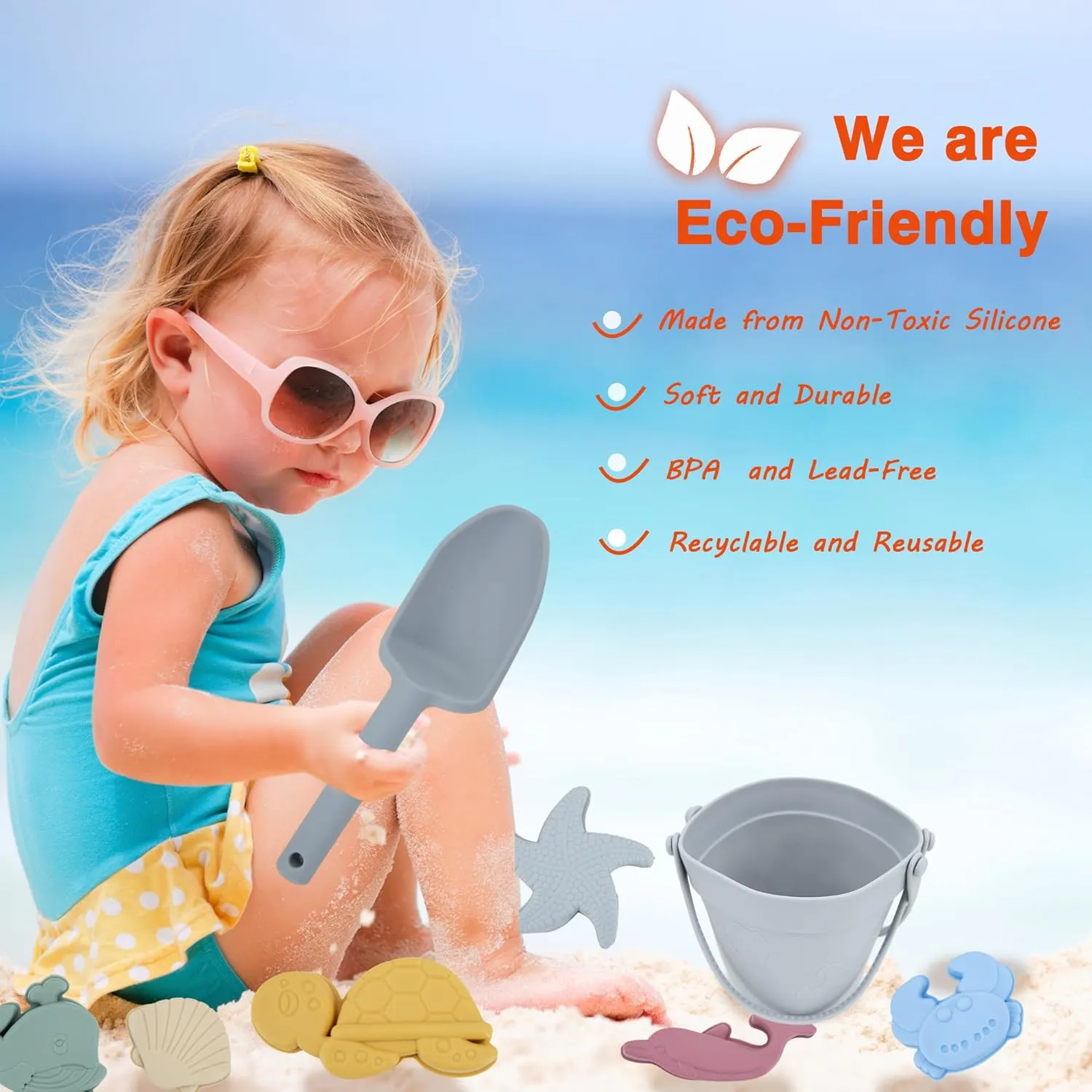 LAT 8Pcs Silicone Beach Toys-Summer Kids Beach Set with Silicone Bucket, Shovel, 6 Sand Molds | Outdoor Playset for Toddlers, Kids(Grey)
