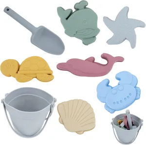 LAT 8Pcs Silicone Beach Toys-Summer Kids Beach Set with Silicone Bucket, Shovel, 6 Sand Molds | Outdoor Playset for Toddlers, Kids(Grey)