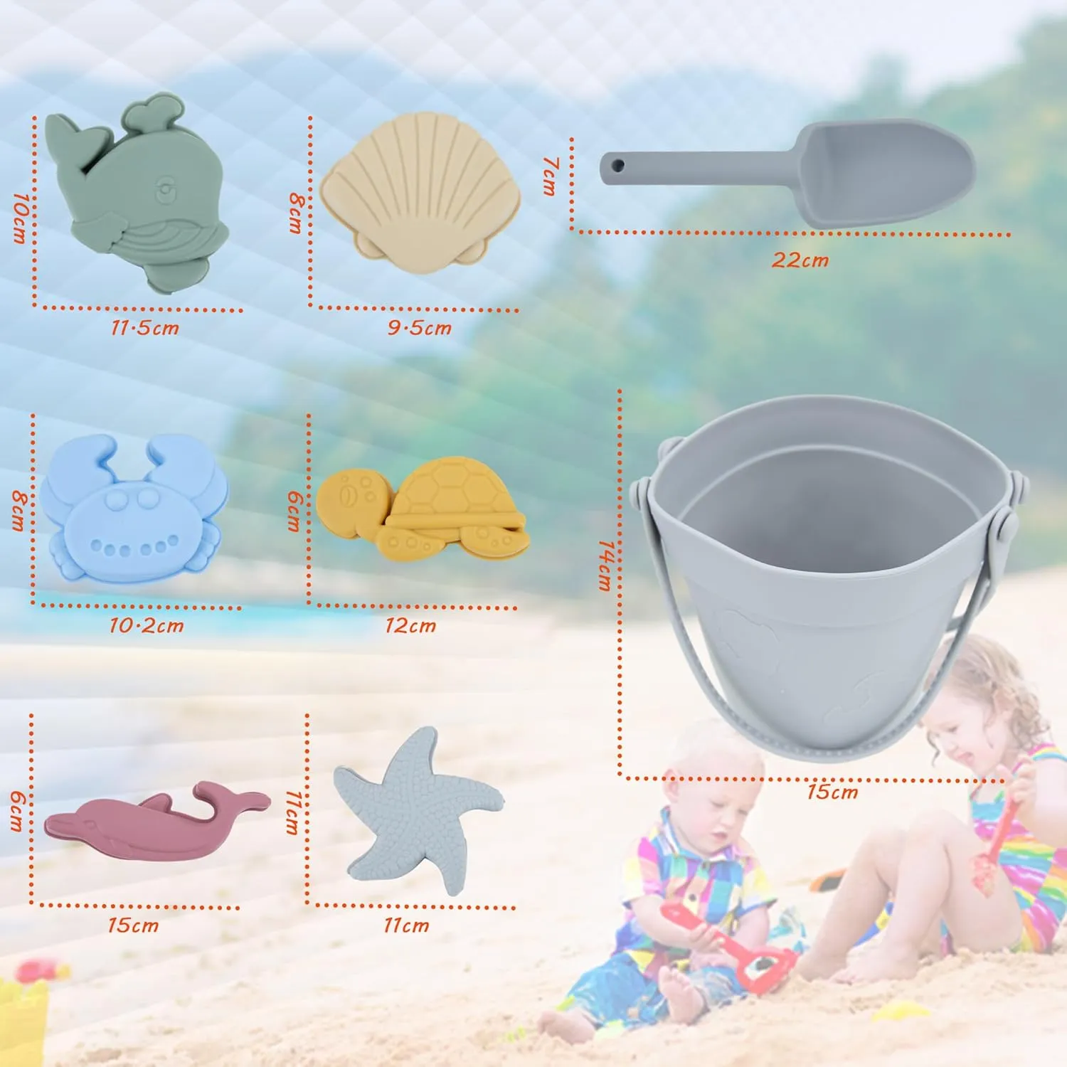 LAT 8Pcs Silicone Beach Toys-Summer Kids Beach Set with Silicone Bucket, Shovel, 6 Sand Molds | Outdoor Playset for Toddlers, Kids(Grey)