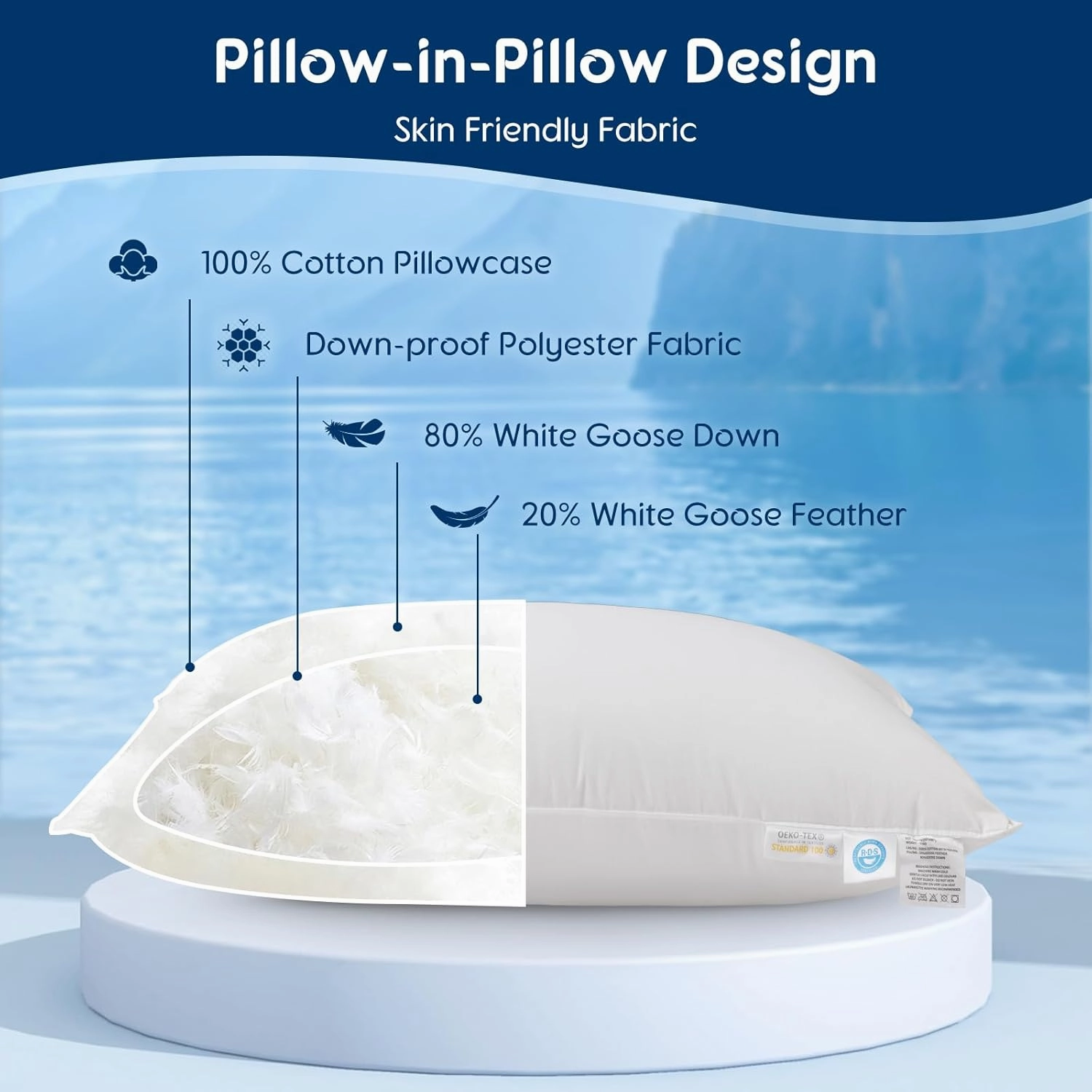 LBRO2M Canada Goose Down Pillow 1050 Fill Power 80% Goose Down 20% Goose Feather 100% Cotton Pillowcase Queen Down Pillows Ideal for Plush Comfort and Support (20"X36", Set of 2)
