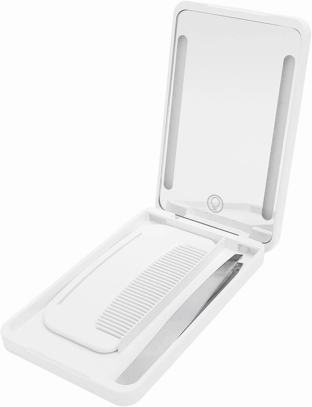 LED Lighted Pocket Mirror, Rechargeable Compact Makeup Mirrorwith Travel Comb, Metal Eyebrow Tweezer & Smart Fill Light for Travel (White)